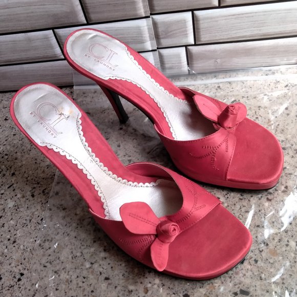 Red Satin Rose & Vine Stitching Detail Evening Heel - Picture 1 of 7